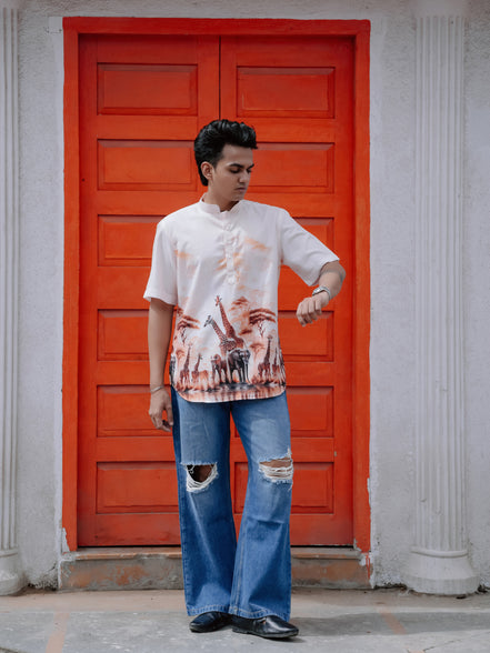 Men's Cotton Linen Street Style Vibes Giraffe Nature Printed Shirt