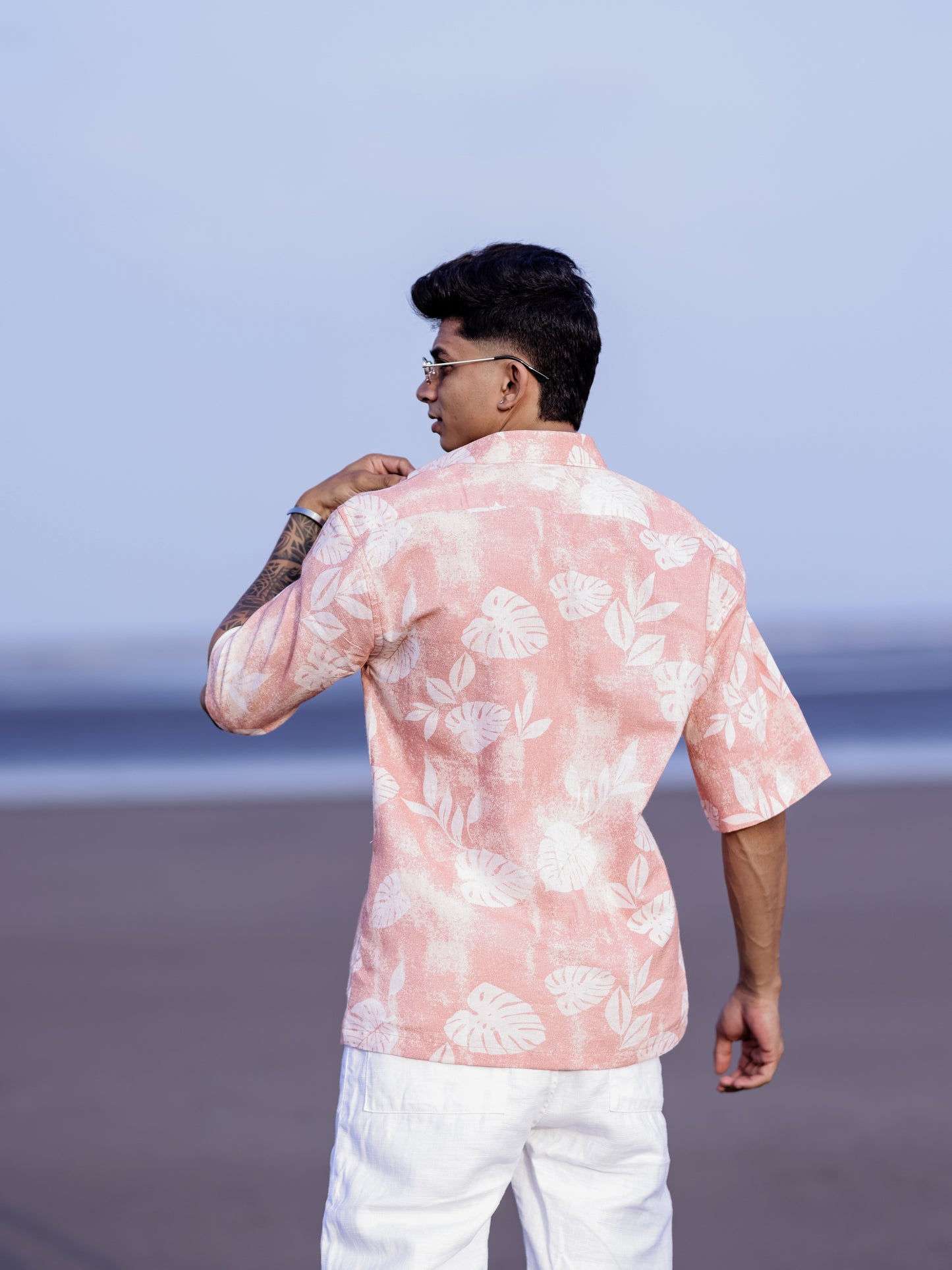 Men’s Peach Lightweight Linen Shirt with Tropical Leaf Print