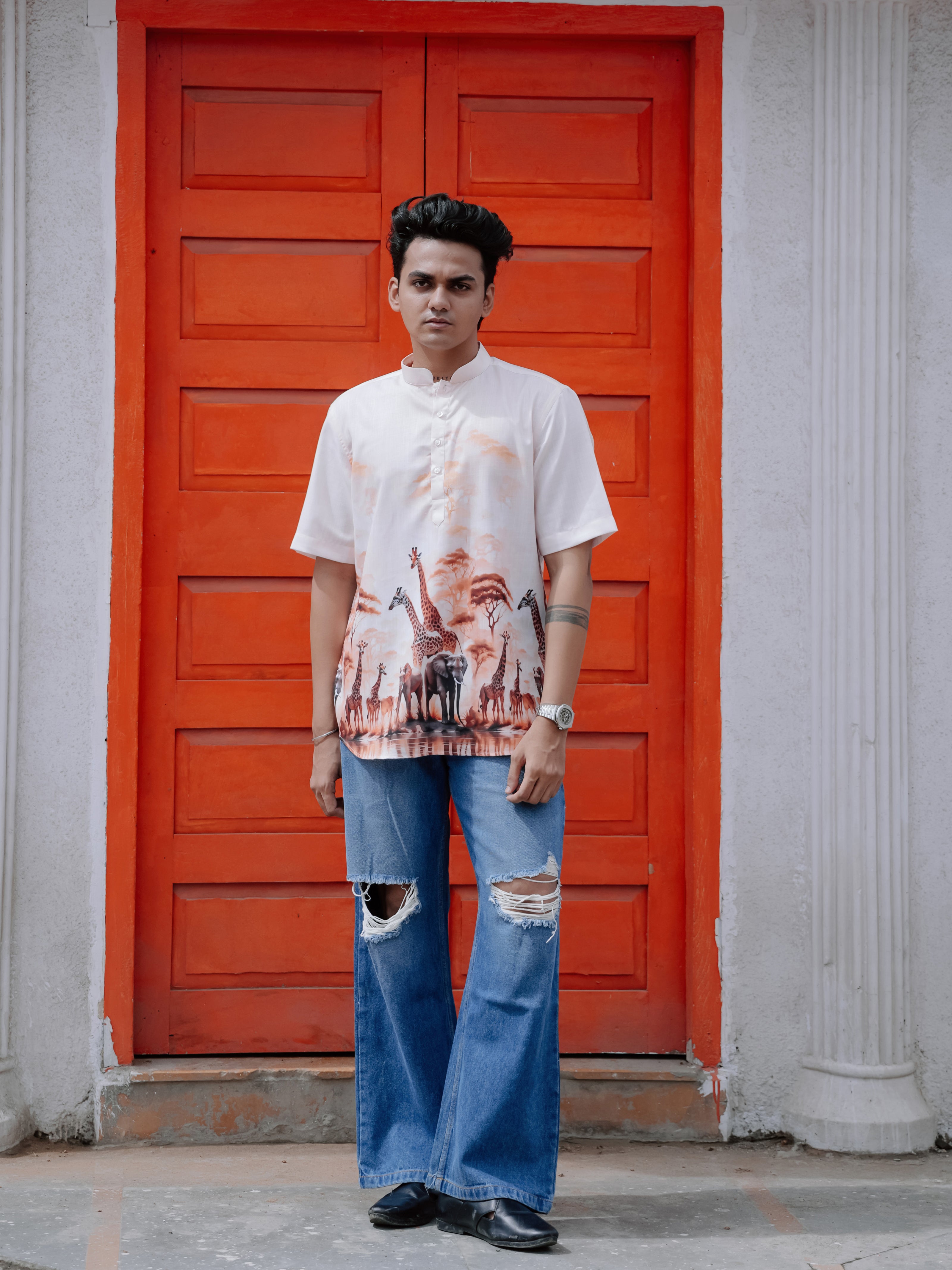 Men's Cotton Linen Street Style Vibes Giraffe Nature Printed Shirt