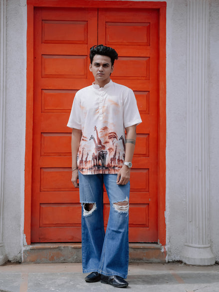 Men's Cotton Linen Street Style Vibes Giraffe Nature Printed Shirt