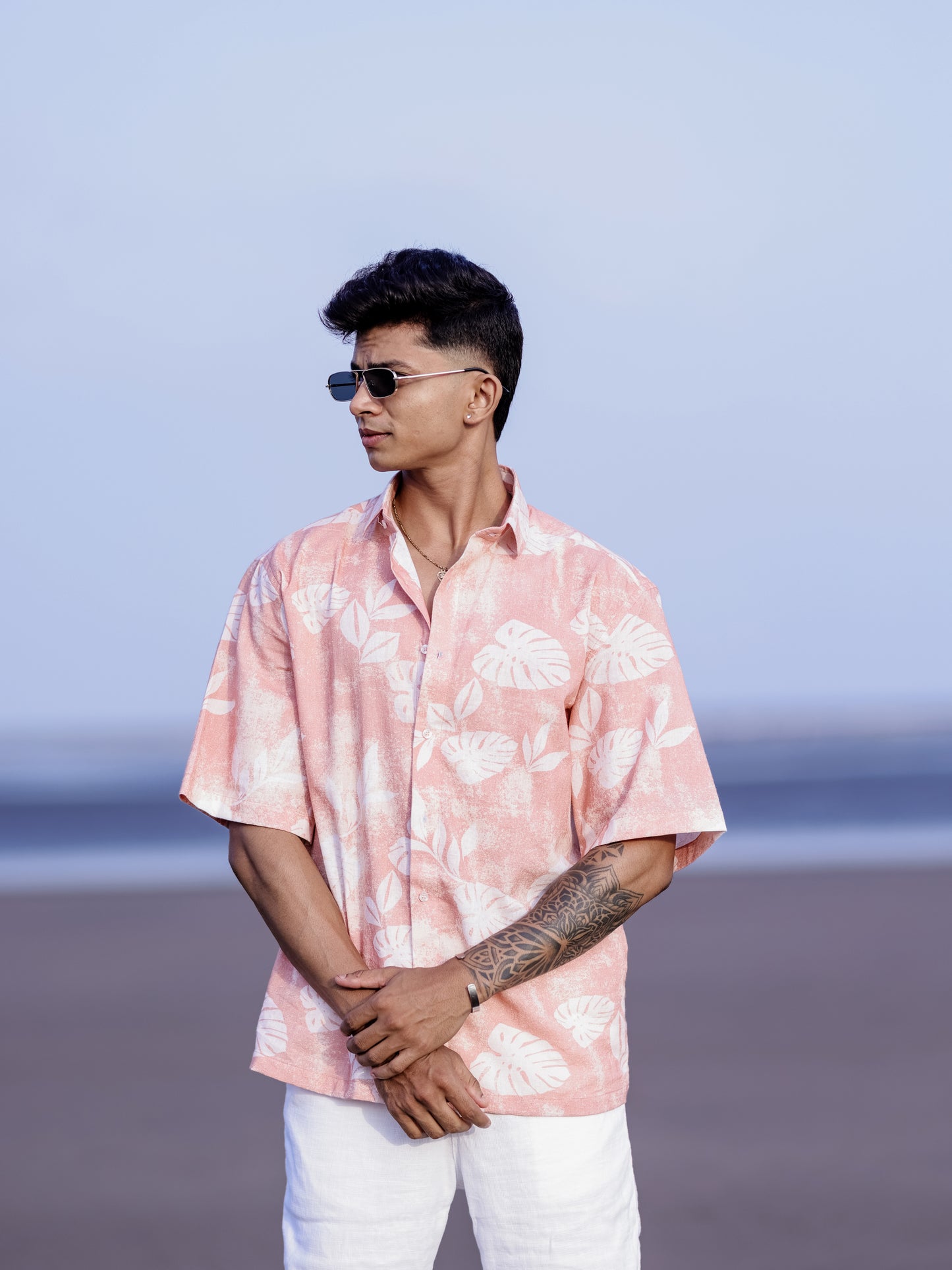 Men’s Peach Lightweight Linen Shirt with Tropical Leaf Print