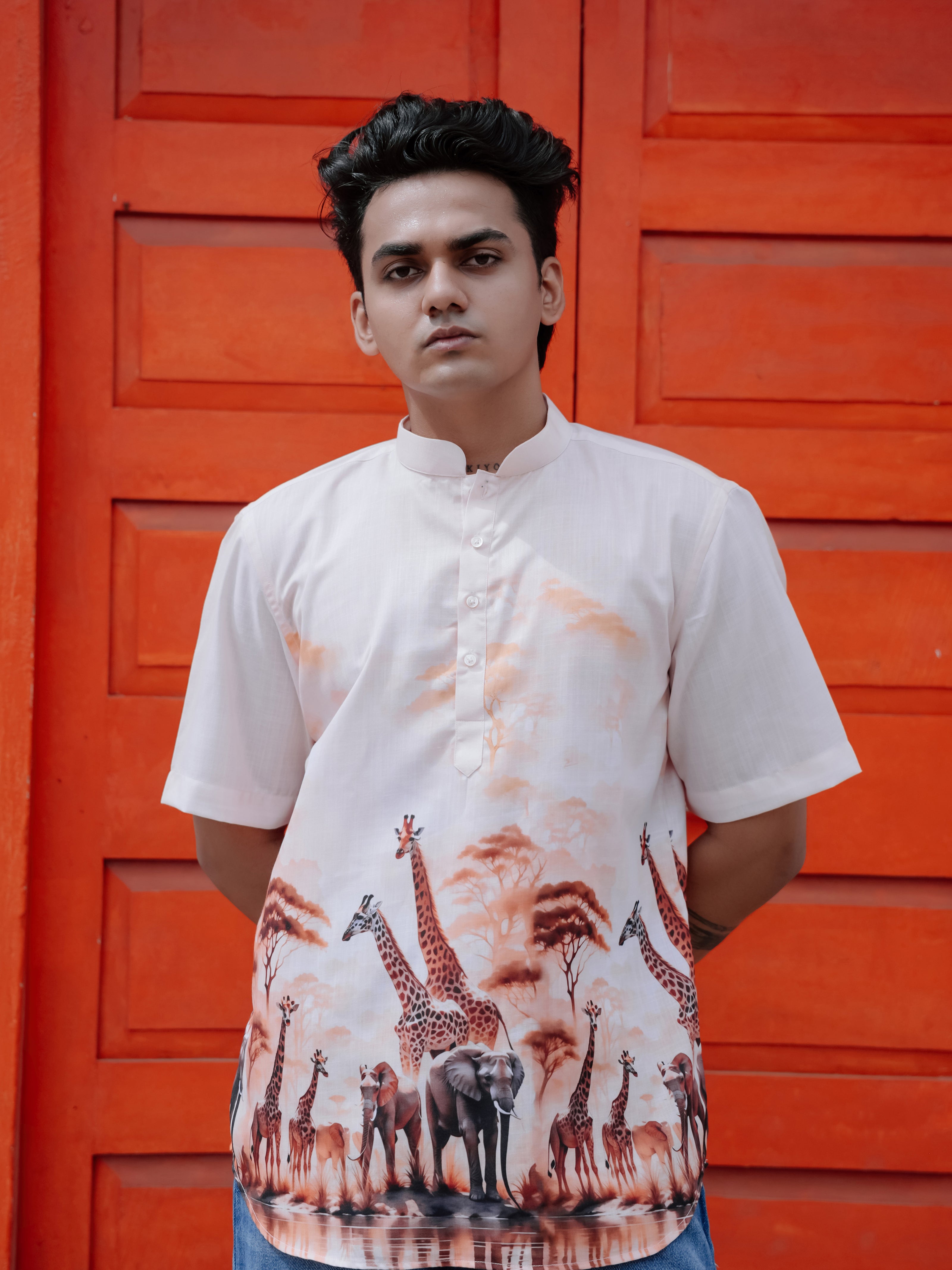 Men's Cotton Linen Street Style Vibes Giraffe Nature Printed Shirt