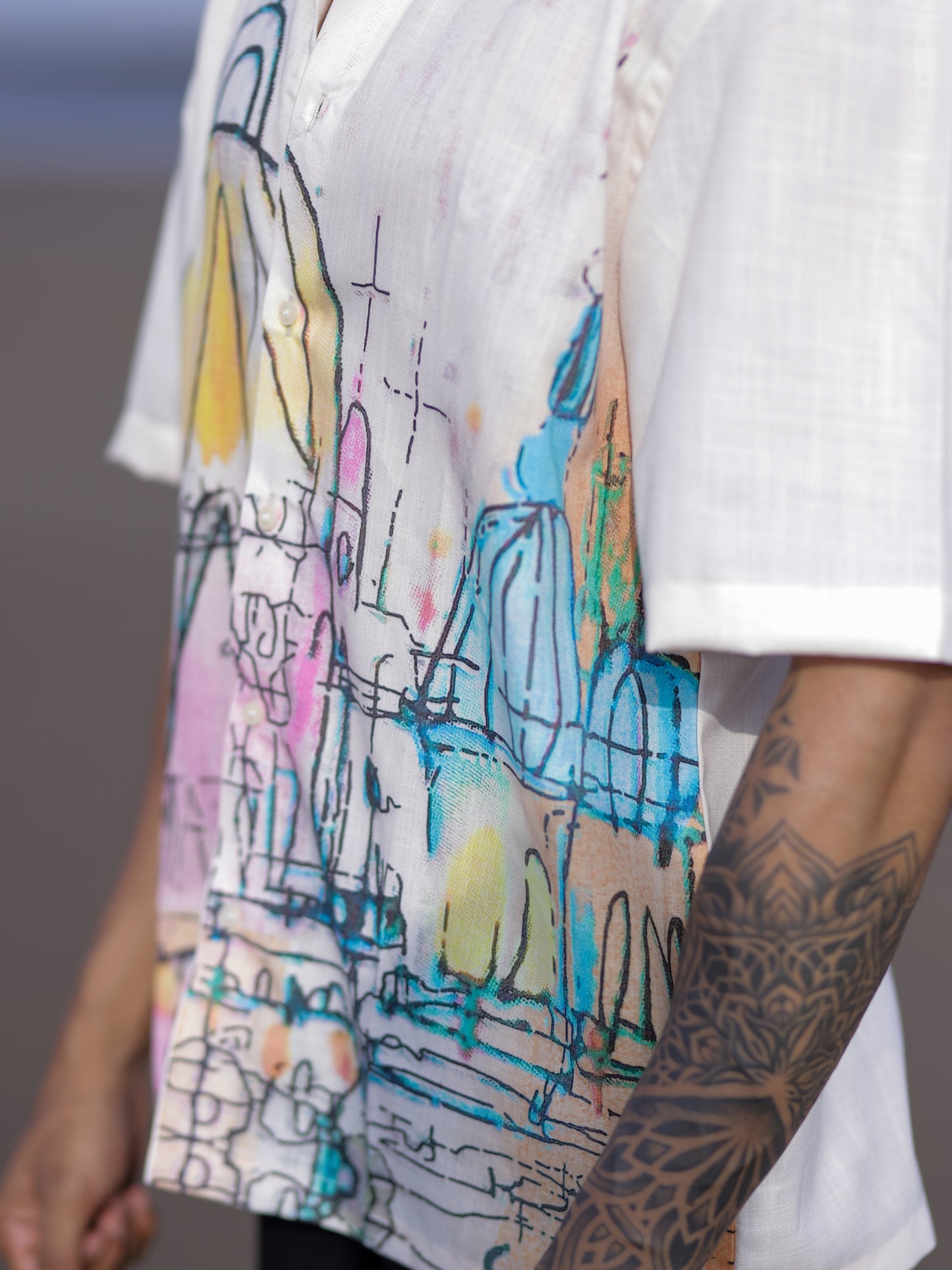 Men’s Cream Cotton Linen Shirt with Artistic Street Abstract Print Style