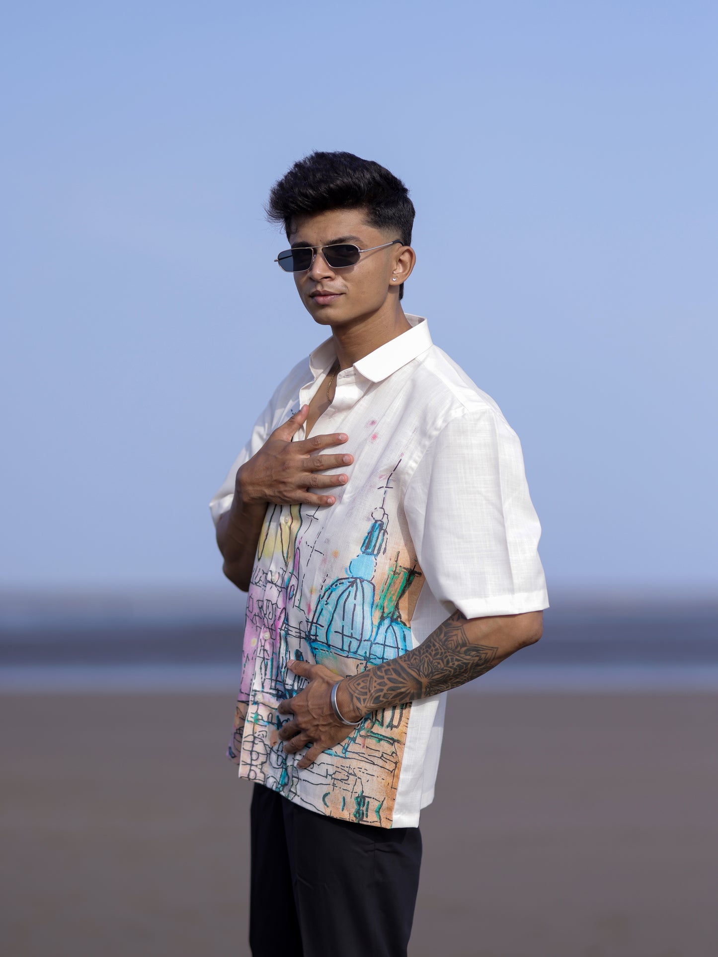 Men’s Cream Cotton Linen Shirt with Artistic Street Abstract Print Style