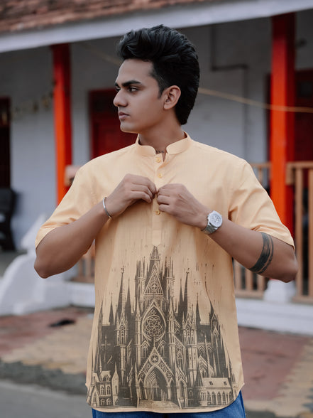 Modern Men’s Street Style: Graphic Short Shirt Kurta in Cotton Linen