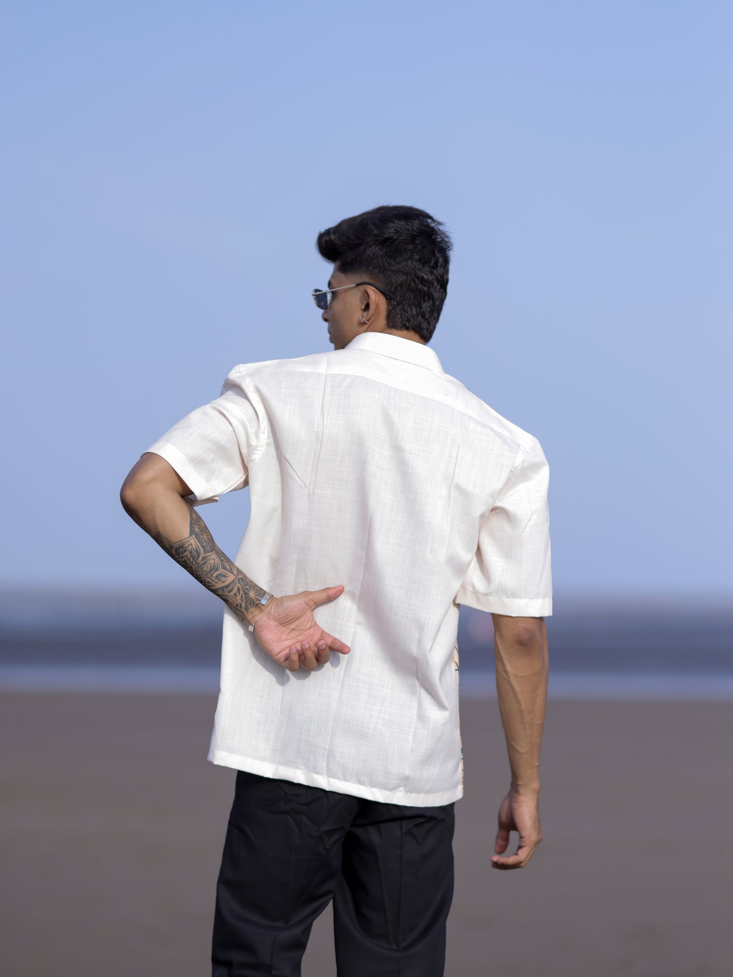 Men’s Cream Cotton Linen Shirt with Artistic Street Abstract Print Style