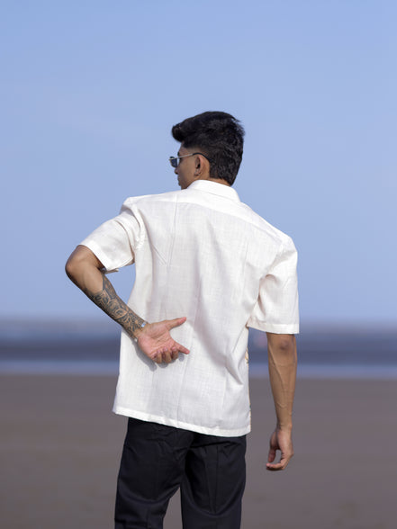 Men’s Cream Cotton Linen Shirt with Artistic Street Abstract Print Style