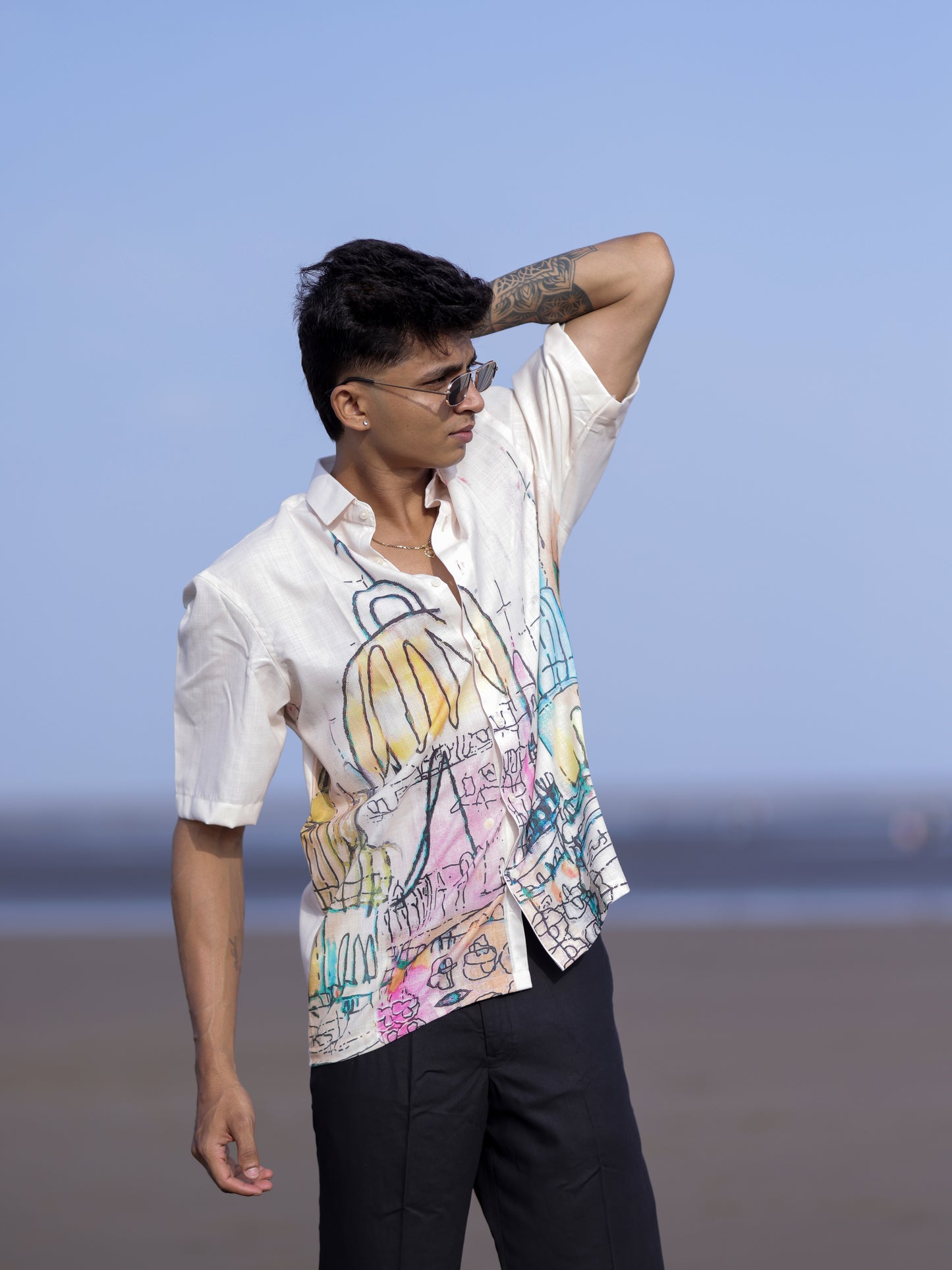 Men’s Cream Cotton Linen Shirt with Artistic Street Abstract Print Style