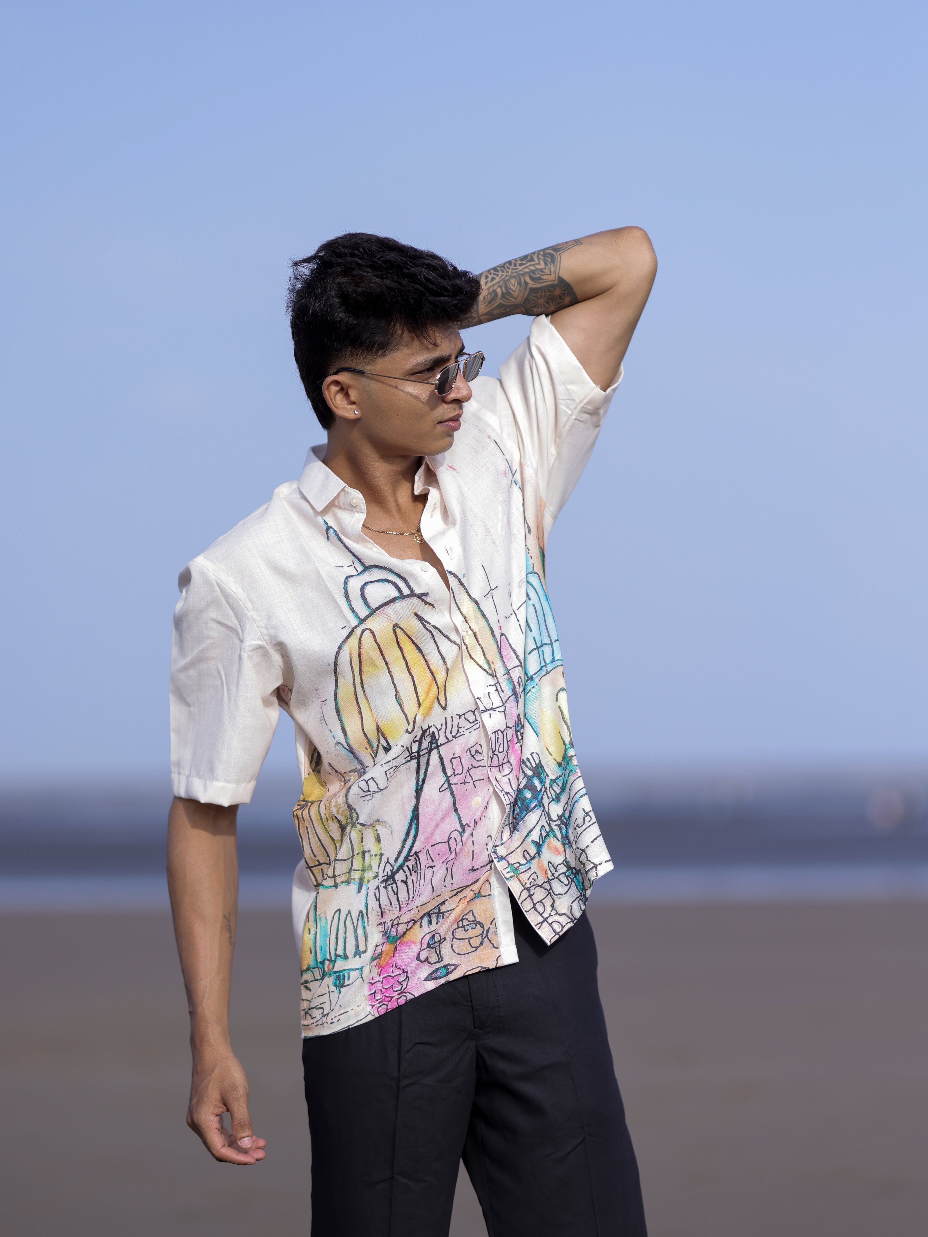 Men’s Cream Cotton Linen Shirt with Artistic Street Abstract Print Style