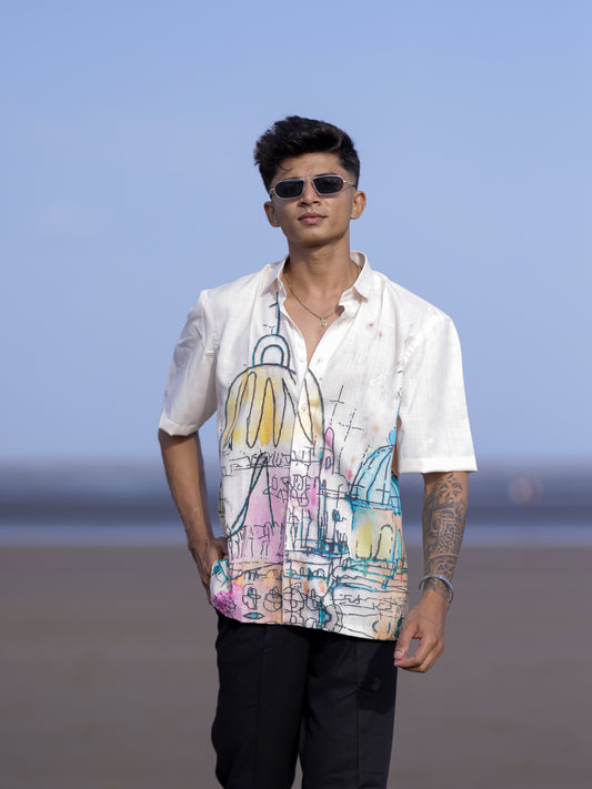 Men’s Cream Cotton Linen Shirt with Artistic Street Abstract Print Style
