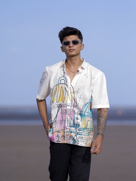 Men’s Cream Cotton Linen Shirt with Artistic Street Abstract Print Style