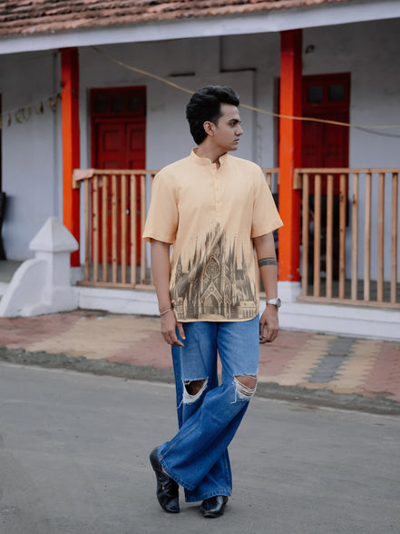 Modern Men’s Street Style: Graphic Short Shirt Kurta in Cotton Linen