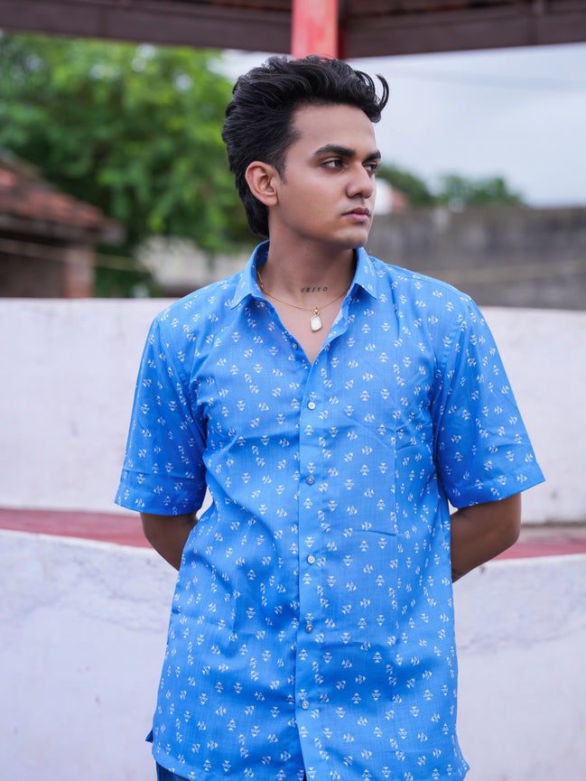 Street Wear Blue & White Geometric Print Cotton Linen Shirt