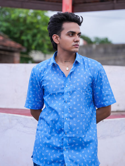 Street Wear Blue & White Geometric Print Cotton Linen Shirt