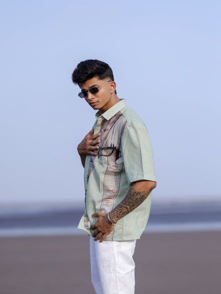 Men’s Green Cotton Linen Shirt with Elephant Print