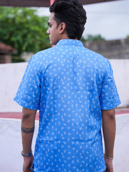 Street Wear Blue & White Geometric Print Cotton Linen Shirt
