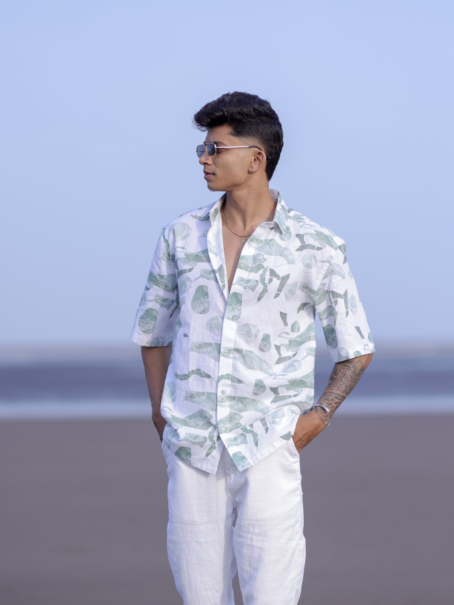 Men’s Tropical White & Green Leaf Print Linen Shirt