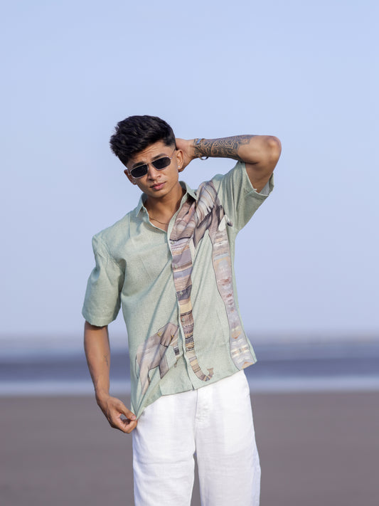 Men’s Green Cotton Linen Shirt with Elephant Print