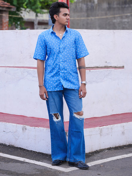 Street Wear Blue & White Geometric Print Cotton Linen Shirt