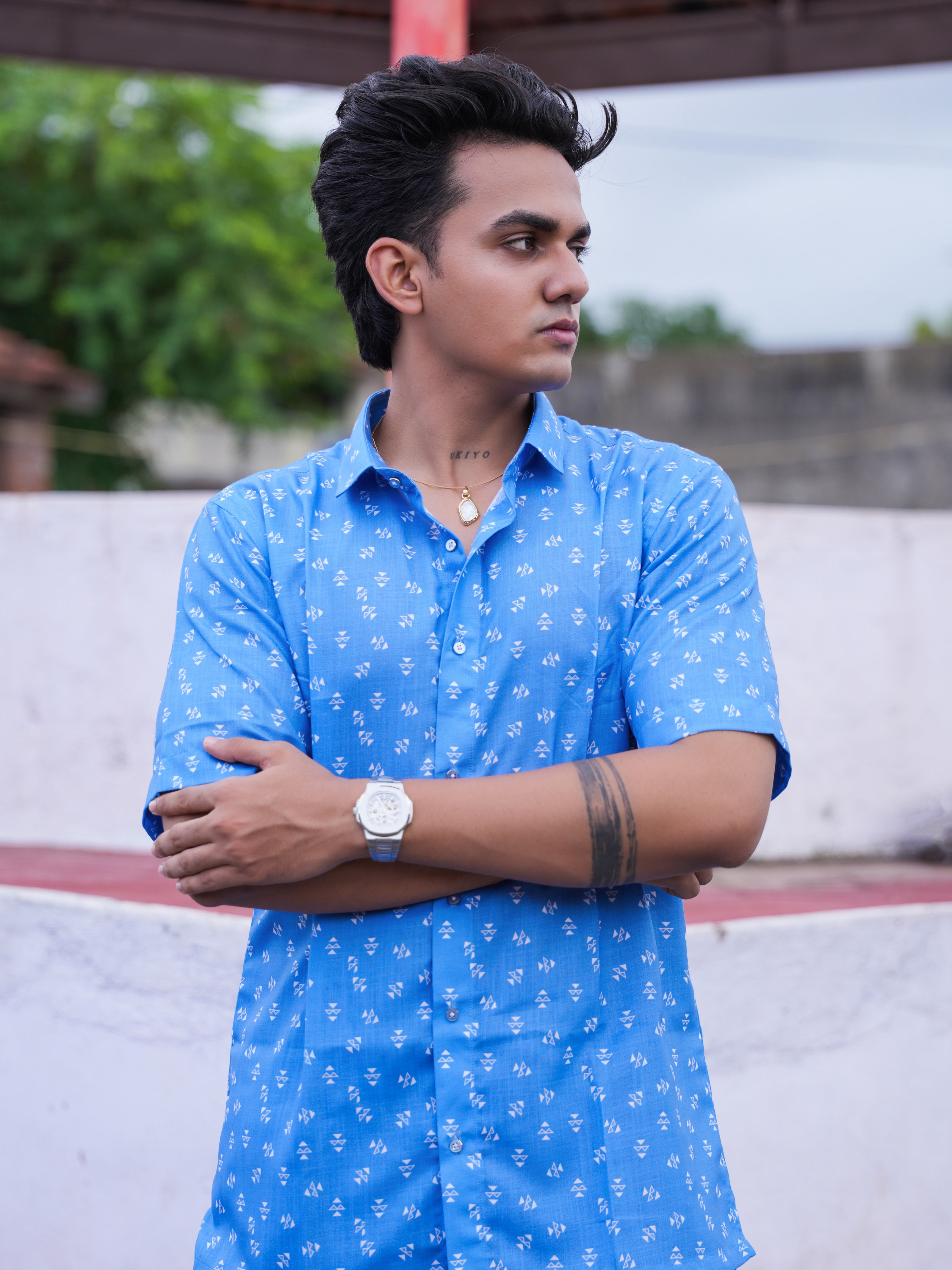Street Wear Blue & White Geometric Print Cotton Linen Shirt