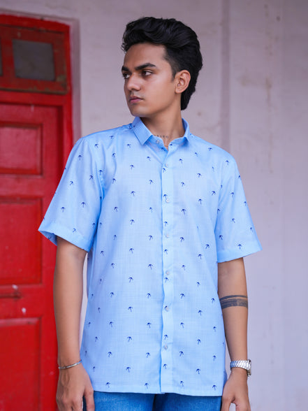 Casual Outfit Light Blue Cotton Linen Printed Shirt for Men