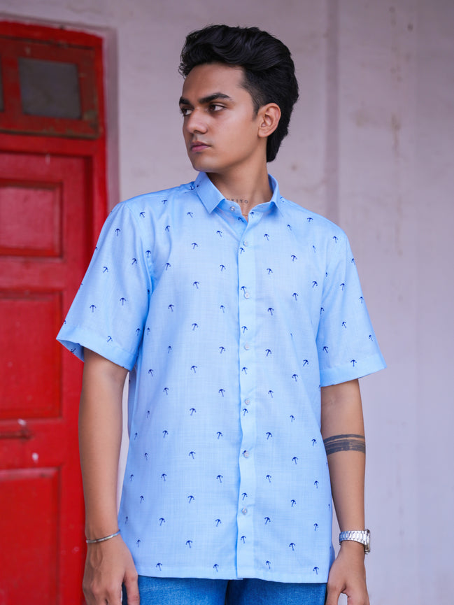 Casual Outfit Light Blue Cotton Linen Printed Shirt for Men