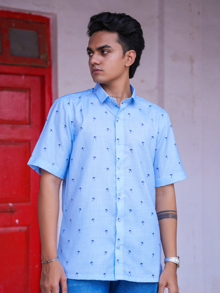 Casual Outfit Light Blue Cotton Linen Printed Shirt for Men