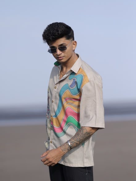 Men’s Beige Cotton Linen Shirt with Saxophone Print – Trendy Fit