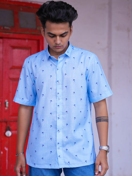 Casual Outfit Light Blue Cotton Linen Printed Shirt for Men