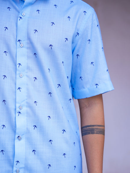 Casual Outfit Light Blue Cotton Linen Printed Shirt for Men