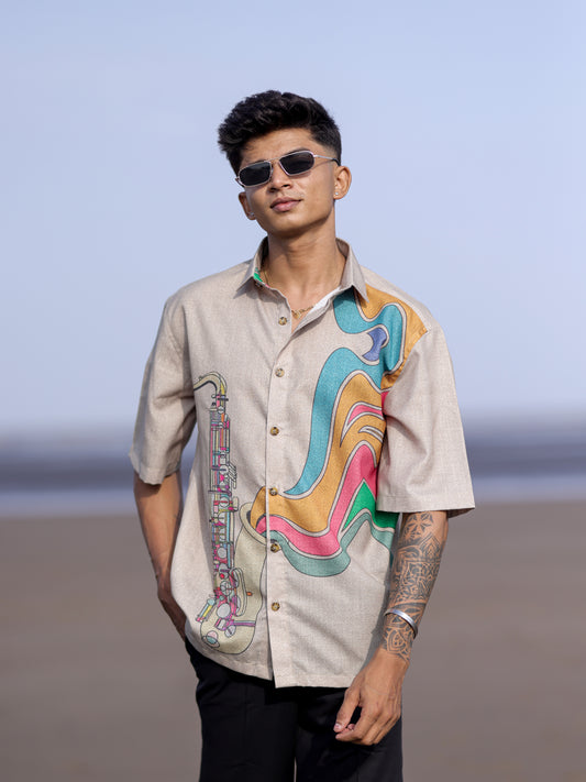 Men’s Beige Cotton Linen Shirt with Saxophone Print – Trendy Fit