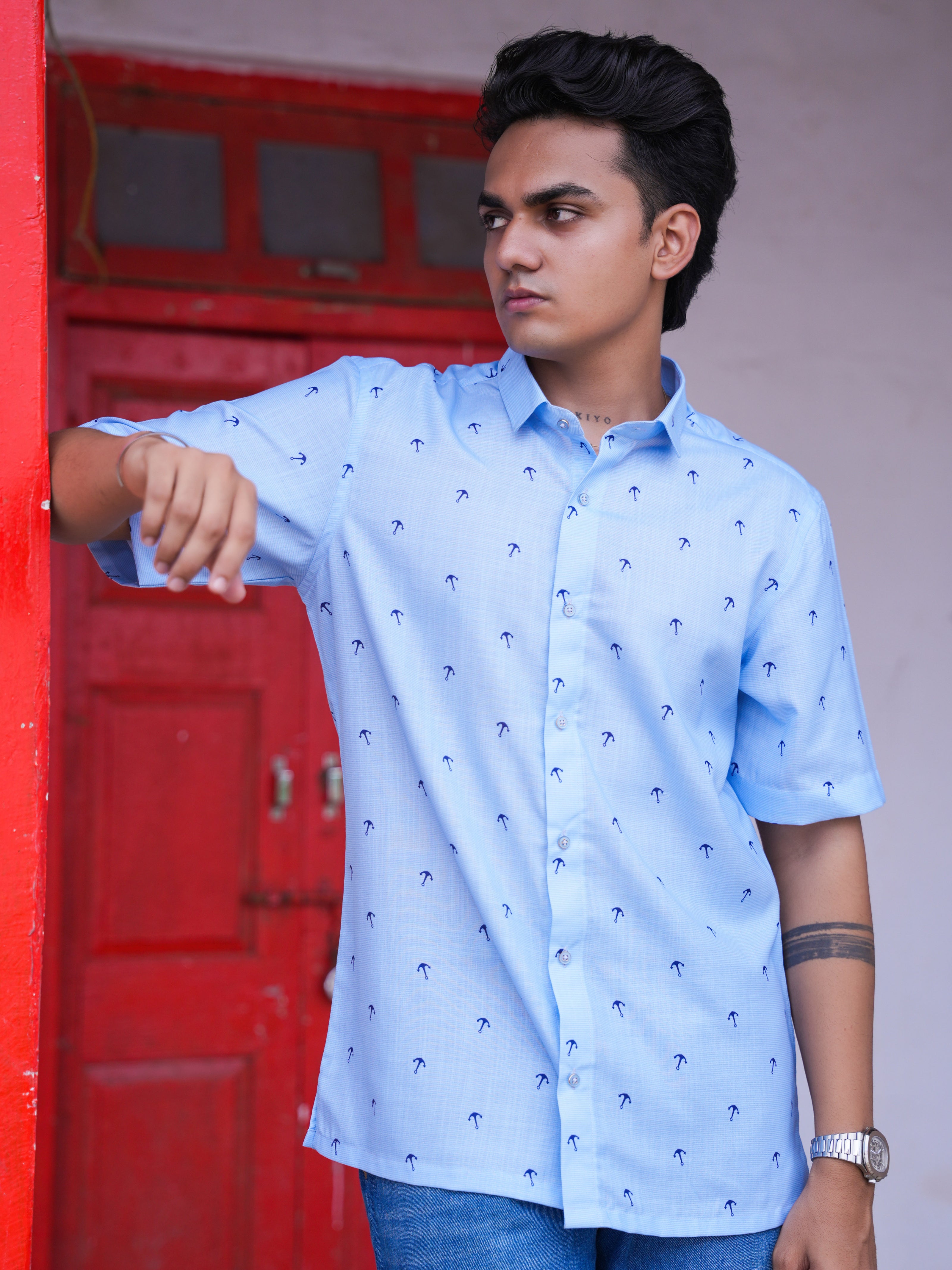 Casual Outfit Light Blue Cotton Linen Printed Shirt for Men