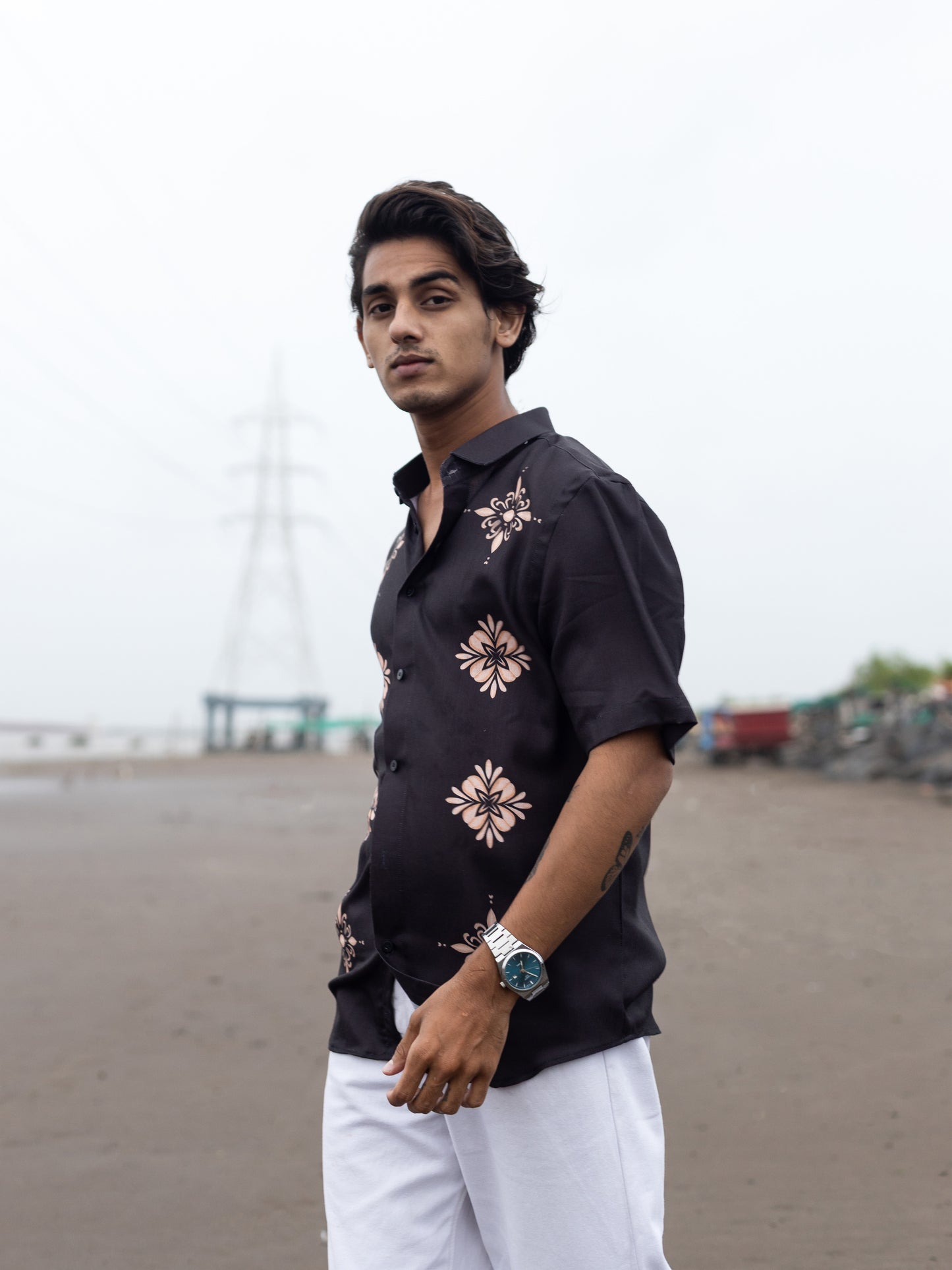 Modern Men's Black Cotton Linen Printed Shirt - Casual Style