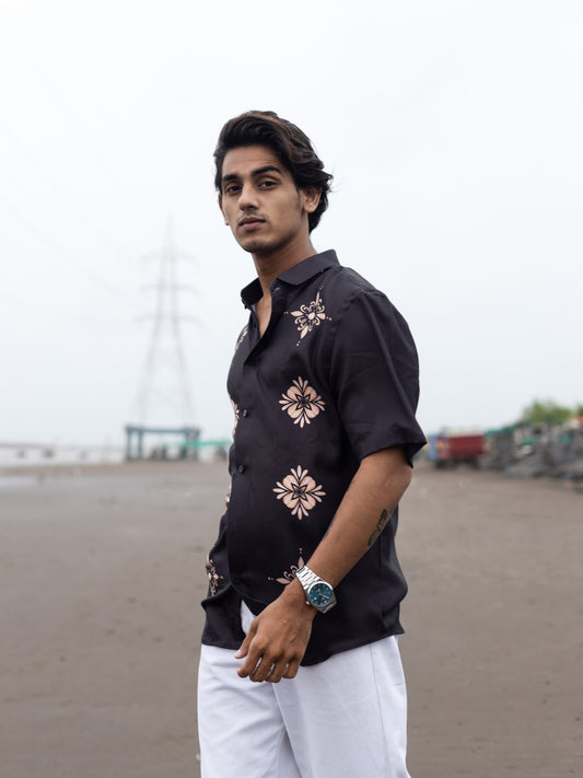 Modern Men's Black Cotton Linen Printed Shirt - Casual Style