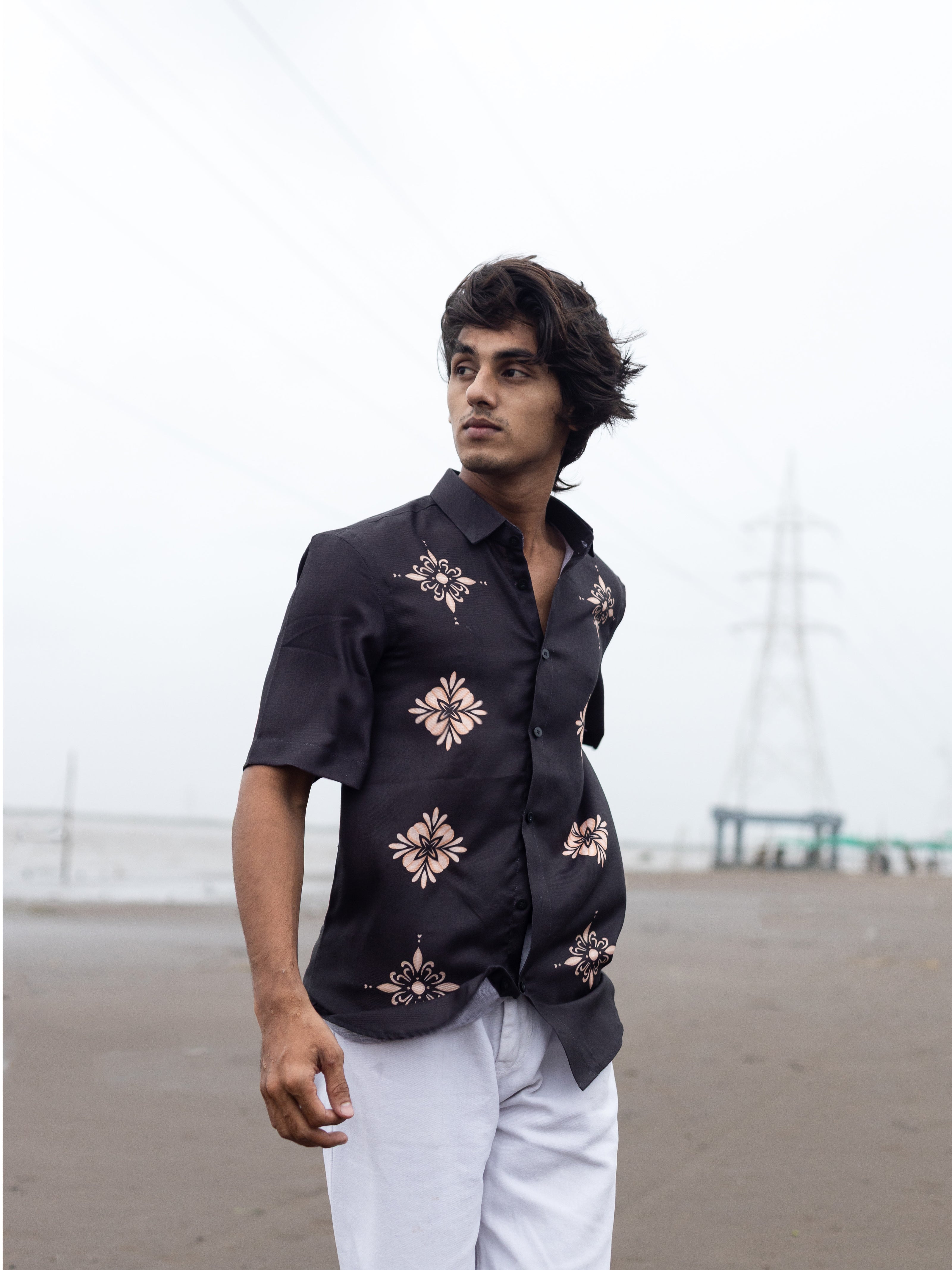 Modern Men's Black Cotton Linen Printed Shirt - Casual Style