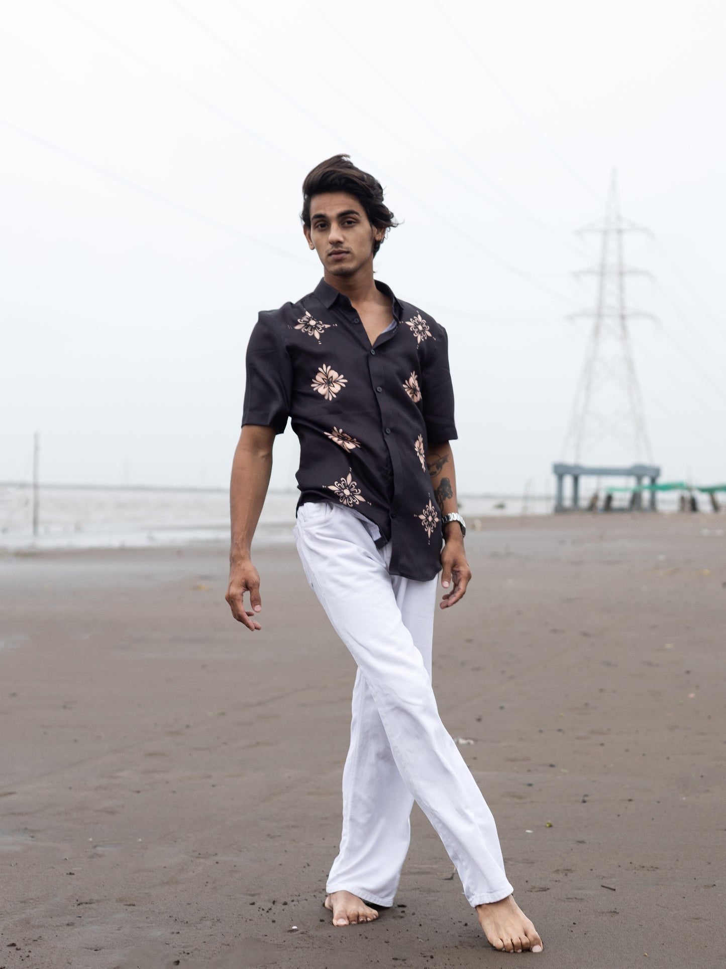 Modern Men's Black Cotton Linen Printed Shirt - Casual Style
