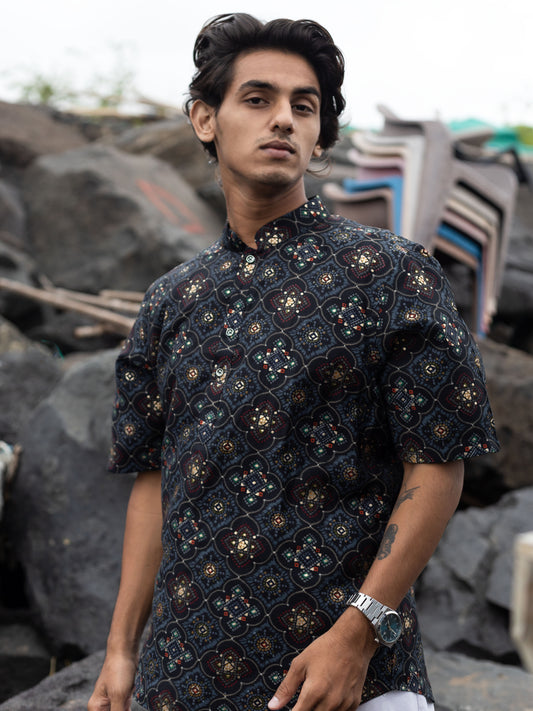 Black Modern Printed Men's Shirt Kurta: Casual Festive Trend