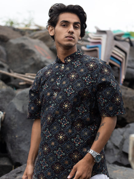 Black Modern Printed Men's Shirt Kurta: Casual Festive Trend