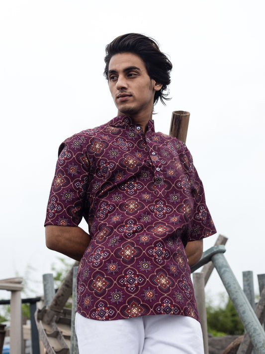 Magenta Modern Printed Men's Shirt Kurta: Casual Festive Trend