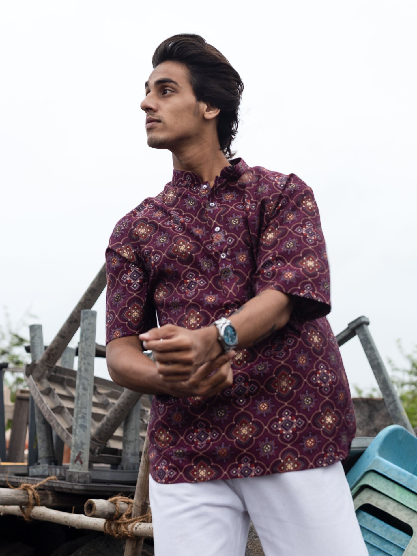 Magenta Modern Printed Men's Shirt Kurta: Casual Festive Trend
