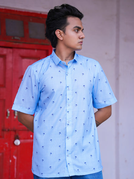 Casual Outfit Light Blue Cotton Linen Printed Shirt for Men