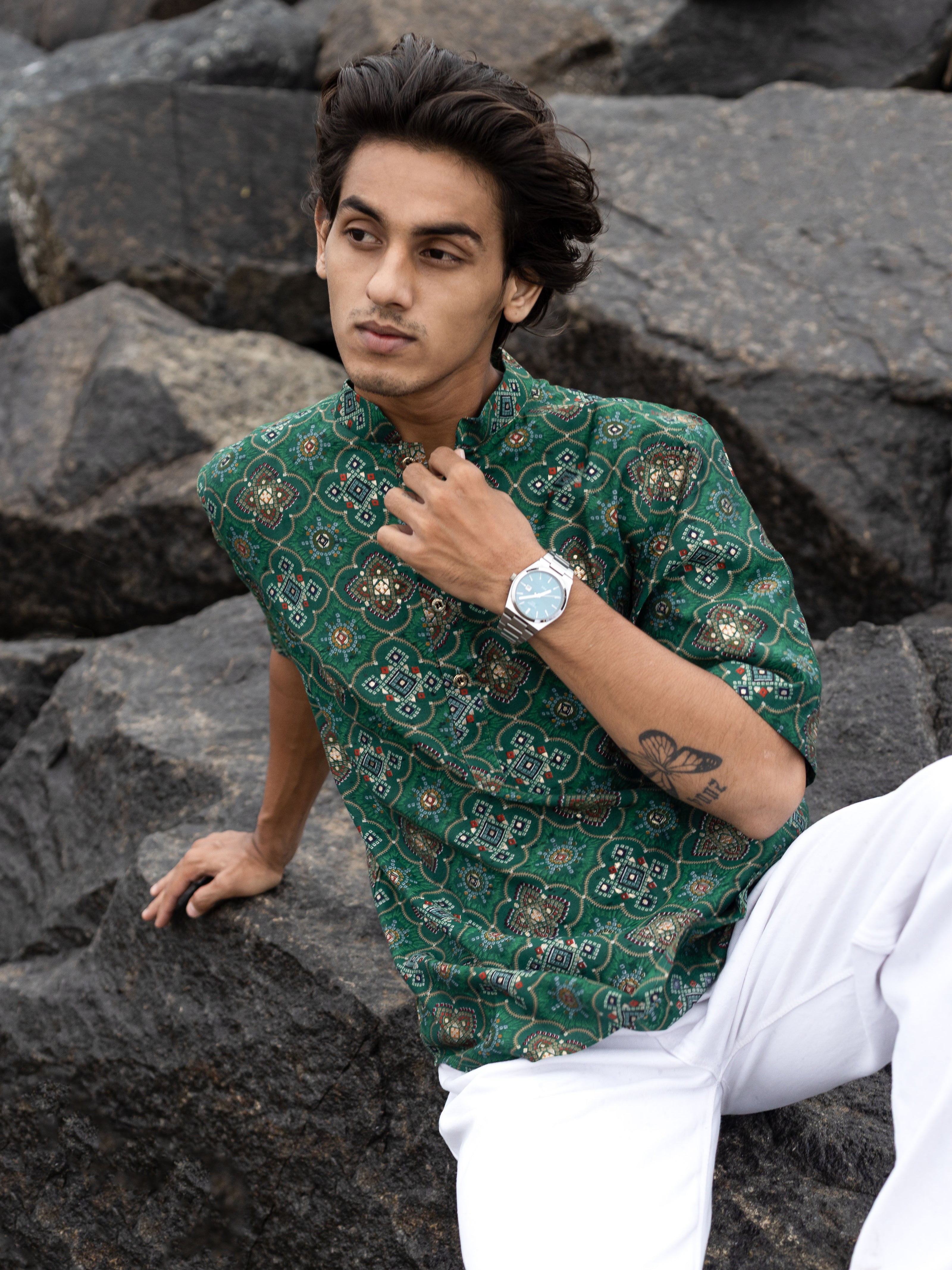 Green Modern Printed Men's Shirt Kurta: Casual Festive Trend