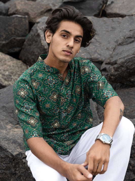 Green Modern Printed Men's Shirt Kurta: Casual Festive Trend