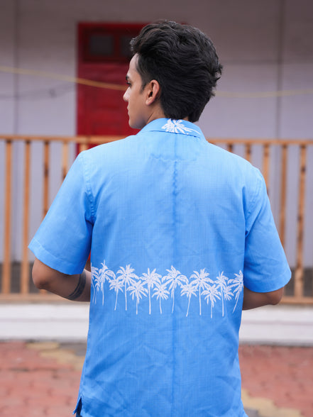 Street Wear Blue & White Palm Tree Print Cotton Linen Shirt