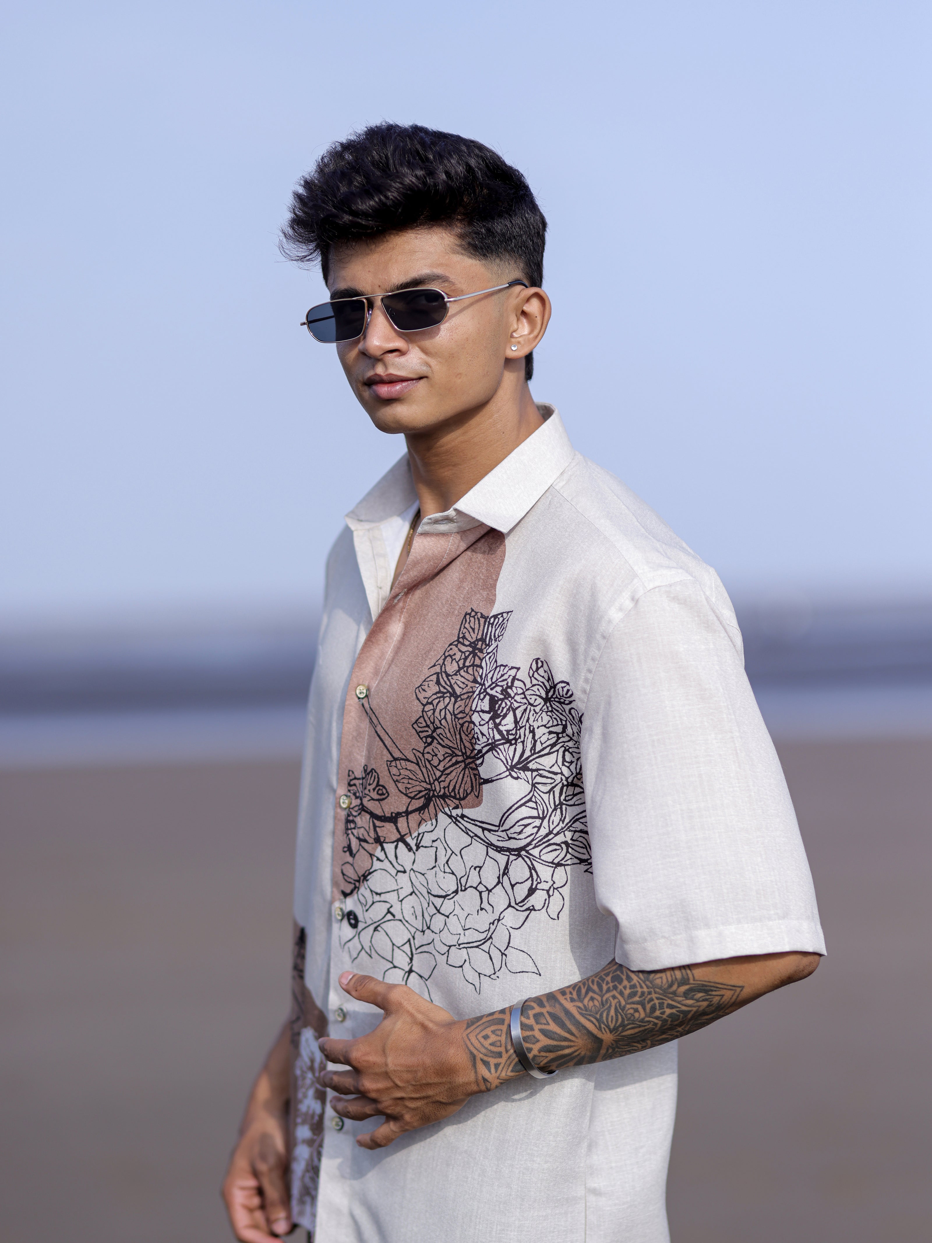 Men’s Cream Cotton Linen Shirt with Artistic Floral Sketch Print