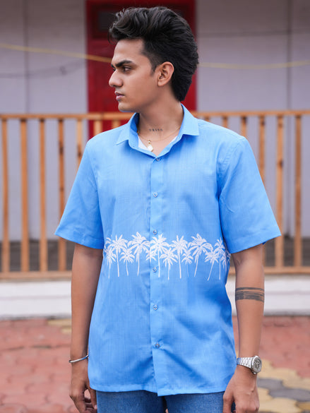 Street Wear Blue & White Palm Tree Print Cotton Linen Shirt