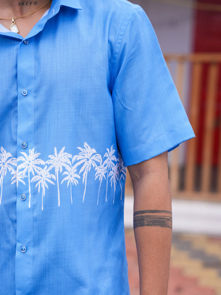 Street Wear Blue & White Palm Tree Print Cotton Linen Shirt