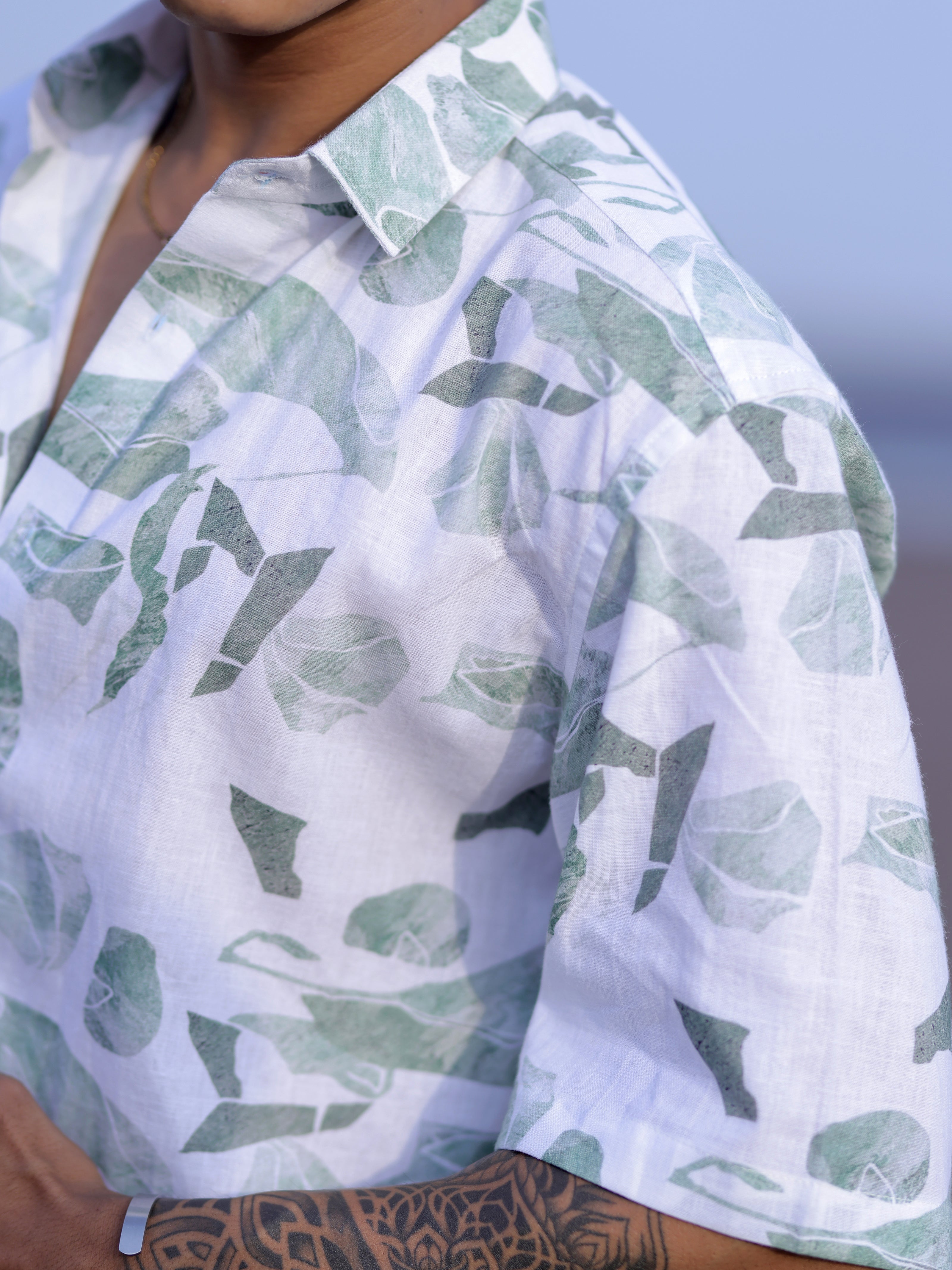 Men’s Tropical White & Green Leaf Print Linen Shirt