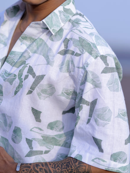 Men’s Tropical White & Green Leaf Print Linen Shirt