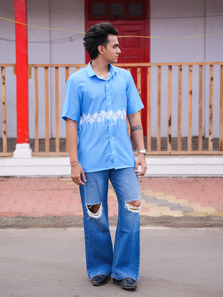 Street Wear Blue & White Palm Tree Print Cotton Linen Shirt